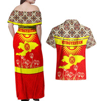 Kyrgyzstan Eagle and Tulip Couples Matching Off Shoulder Maxi Dress and Hawaiian Shirt with Red Ethnic Pattern with National Sun Emblem - Wonder Print Shop