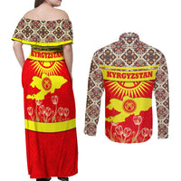 Kyrgyzstan Eagle and Tulip Couples Matching Off Shoulder Maxi Dress and Long Sleeve Button Shirt with Red Ethnic Pattern with National Sun Emblem - Wonder Print Shop