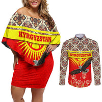 Kyrgyzstan Eagle and Tulip Couples Matching Off Shoulder Short Dress and Long Sleeve Button Shirt with Red Ethnic Pattern with National Sun Emblem - Wonder Print Shop
