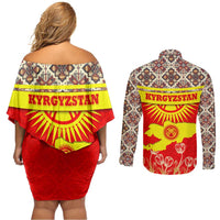 Kyrgyzstan Eagle and Tulip Couples Matching Off Shoulder Short Dress and Long Sleeve Button Shirt with Red Ethnic Pattern with National Sun Emblem - Wonder Print Shop
