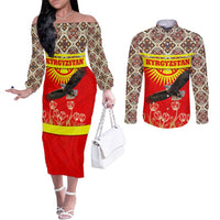 Kyrgyzstan Eagle and Tulip Couples Matching Off The Shoulder Long Sleeve Dress and Long Sleeve Button Shirt with Red Ethnic Pattern with National Sun Emblem - Wonder Print Shop