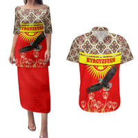 Kyrgyzstan Eagle and Tulip Couples Matching Puletasi and Hawaiian Shirt with Red Ethnic Pattern with National Sun Emblem - Wonder Print Shop
