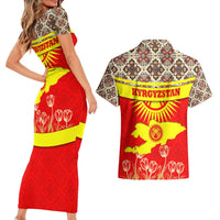 Kyrgyzstan Eagle and Tulip Couples Matching Short Sleeve Bodycon Dress and Hawaiian Shirt with Red Ethnic Pattern with National Sun Emblem - Wonder Print Shop