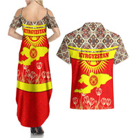 Kyrgyzstan Eagle and Tulip Couples Matching Summer Maxi Dress and Hawaiian Shirt with Red Ethnic Pattern with National Sun Emblem - Wonder Print Shop