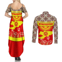 Kyrgyzstan Eagle and Tulip Couples Matching Summer Maxi Dress and Long Sleeve Button Shirt with Red Ethnic Pattern with National Sun Emblem - Wonder Print Shop