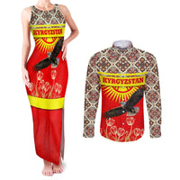 Kyrgyzstan Eagle and Tulip Couples Matching Tank Maxi Dress and Long Sleeve Button Shirt with Red Ethnic Pattern with National Sun Emblem - Wonder Print Shop