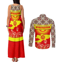 Kyrgyzstan Eagle and Tulip Couples Matching Tank Maxi Dress and Long Sleeve Button Shirt with Red Ethnic Pattern with National Sun Emblem - Wonder Print Shop