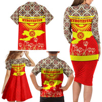 Kyrgyzstan Eagle and Tulip Family Matching Long Sleeve Bodycon Dress and Hawaiian Shirt with Red Ethnic Pattern with National Sun Emblem - Wonder Print Shop