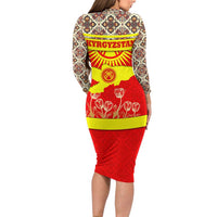 Kyrgyzstan Eagle and Tulip Family Matching Long Sleeve Bodycon Dress and Hawaiian Shirt with Red Ethnic Pattern with National Sun Emblem - Wonder Print Shop