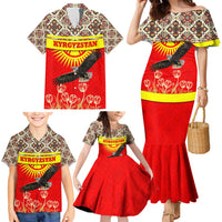 Kyrgyzstan Eagle and Tulip Family Matching Mermaid Dress and Hawaiian Shirt with Red Ethnic Pattern with National Sun Emblem - Wonder Print Shop