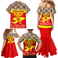 Kyrgyzstan Eagle and Tulip Family Matching Mermaid Dress and Hawaiian Shirt with Red Ethnic Pattern with National Sun Emblem - Wonder Print Shop