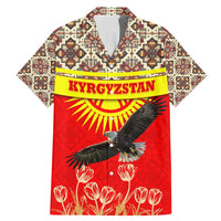 Kyrgyzstan Eagle and Tulip Family Matching Mermaid Dress and Hawaiian Shirt with Red Ethnic Pattern with National Sun Emblem - Wonder Print Shop