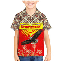 Kyrgyzstan Eagle and Tulip Family Matching Mermaid Dress and Hawaiian Shirt with Red Ethnic Pattern with National Sun Emblem - Wonder Print Shop