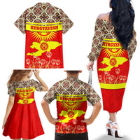 Kyrgyzstan Eagle and Tulip Family Matching Off The Shoulder Long Sleeve Dress and Hawaiian Shirt with Red Ethnic Pattern with National Sun Emblem - Wonder Print Shop