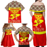 Kyrgyzstan Eagle and Tulip Family Matching Off Shoulder Maxi Dress and Hawaiian Shirt with Red Ethnic Pattern with National Sun Emblem - Wonder Print Shop