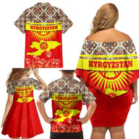 Kyrgyzstan Eagle and Tulip Family Matching Off Shoulder Short Dress and Hawaiian Shirt with Red Ethnic Pattern with National Sun Emblem - Wonder Print Shop