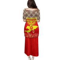 Kyrgyzstan Eagle and Tulip Family Matching Puletasi and Hawaiian Shirt with Red Ethnic Pattern with National Sun Emblem - Wonder Print Shop