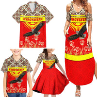Kyrgyzstan Eagle and Tulip Family Matching Summer Maxi Dress and Hawaiian Shirt with Red Ethnic Pattern with National Sun Emblem - Wonder Print Shop