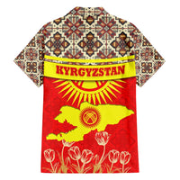 Kyrgyzstan Eagle and Tulip Family Matching Summer Maxi Dress and Hawaiian Shirt with Red Ethnic Pattern with National Sun Emblem - Wonder Print Shop
