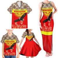 Kyrgyzstan Eagle and Tulip Family Matching Tank Maxi Dress and Hawaiian Shirt with Red Ethnic Pattern with National Sun Emblem - Wonder Print Shop