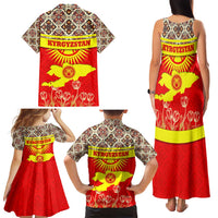 Kyrgyzstan Eagle and Tulip Family Matching Tank Maxi Dress and Hawaiian Shirt with Red Ethnic Pattern with National Sun Emblem - Wonder Print Shop