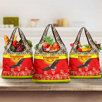 Kyrgyzstan Eagle and Tulip Grocery Bag with Red Ethnic Pattern with National Sun Emblem - Wonder Print Shop