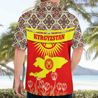 Kyrgyzstan Eagle and Tulip Hawaiian Shirt with Red Ethnic Pattern with National Sun Emblem - Wonder Print Shop