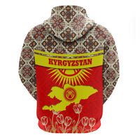 Kyrgyzstan Eagle and Tulip Hoodie with Red Ethnic Pattern with National Sun Emblem - Wonder Print Shop