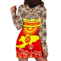 Kyrgyzstan Eagle and Tulip Hoodie Dress with Red Ethnic Pattern with National Sun Emblem - Wonder Print Shop