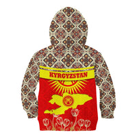 Kyrgyzstan Eagle and Tulip Kid Hoodie with Red Ethnic Pattern with National Sun Emblem - Wonder Print Shop