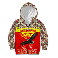 Kyrgyzstan Eagle and Tulip Kid Hoodie with Red Ethnic Pattern with National Sun Emblem - Wonder Print Shop