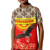 Kyrgyzstan Eagle and Tulip Kid Polo Shirt with Red Ethnic Pattern with National Sun Emblem - Wonder Print Shop