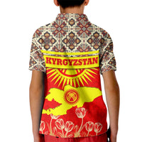 Kyrgyzstan Eagle and Tulip Kid Polo Shirt with Red Ethnic Pattern with National Sun Emblem - Wonder Print Shop