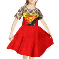 Kyrgyzstan Eagle and Tulip Kid Short Sleeve Dress with Red Ethnic Pattern with National Sun Emblem - Wonder Print Shop