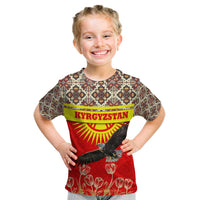 Kyrgyzstan Eagle and Tulip Kid T Shirt with Red Ethnic Pattern with National Sun Emblem - Wonder Print Shop