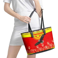 Kyrgyzstan Eagle and Tulip Leather Tote Bag with Red Ethnic Pattern with National Sun Emblem - Wonder Print Shop