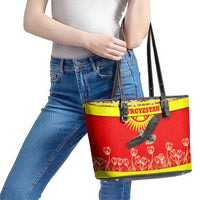 Kyrgyzstan Eagle and Tulip Leather Tote Bag with Red Ethnic Pattern with National Sun Emblem - Wonder Print Shop