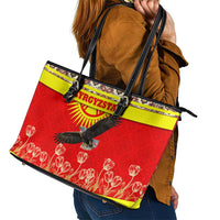 Kyrgyzstan Eagle and Tulip Leather Tote Bag with Red Ethnic Pattern with National Sun Emblem - Wonder Print Shop