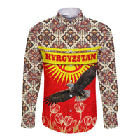 Kyrgyzstan Eagle and Tulip Long Sleeve Button Shirt with Red Ethnic Pattern with National Sun Emblem - Wonder Print Shop