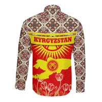 Kyrgyzstan Eagle and Tulip Long Sleeve Button Shirt with Red Ethnic Pattern with National Sun Emblem - Wonder Print Shop