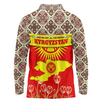 Kyrgyzstan Eagle and Tulip Long Sleeve Polo Shirt with Red Ethnic Pattern with National Sun Emblem - Wonder Print Shop