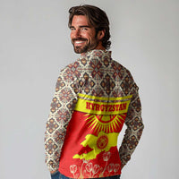 Kyrgyzstan Eagle and Tulip Long Sleeve Polo Shirt with Red Ethnic Pattern with National Sun Emblem - Wonder Print Shop