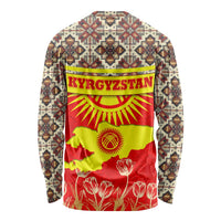 Kyrgyzstan Eagle and Tulip Long Sleeve Shirt with Red Ethnic Pattern with National Sun Emblem - Wonder Print Shop