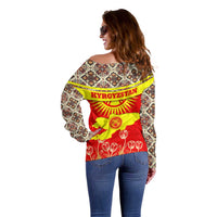 Kyrgyzstan Eagle and Tulip Off Shoulder Sweater with Red Ethnic Pattern with National Sun Emblem - Wonder Print Shop