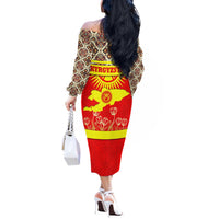 Kyrgyzstan Eagle and Tulip Off The Shoulder Long Sleeve Dress with Red Ethnic Pattern with National Sun Emblem - Wonder Print Shop