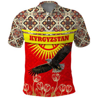 Kyrgyzstan Eagle and Tulip Polo Shirt with Red Ethnic Pattern with National Sun Emblem - Wonder Print Shop