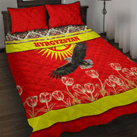 Kyrgyzstan Eagle and Tulip Quilt Bed Set with Red Ethnic Pattern with National Sun Emblem - Wonder Print Shop