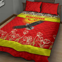 Kyrgyzstan Eagle and Tulip Quilt Bed Set with Red Ethnic Pattern with National Sun Emblem - Wonder Print Shop
