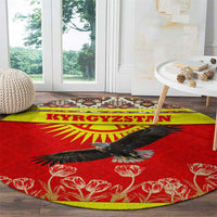 Kyrgyzstan Eagle and Tulip Round Carpet with Red Ethnic Pattern with National Sun Emblem - Wonder Print Shop