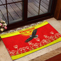 Kyrgyzstan Eagle and Tulip Rubber Doormat with Red Ethnic Pattern with National Sun Emblem - Wonder Print Shop